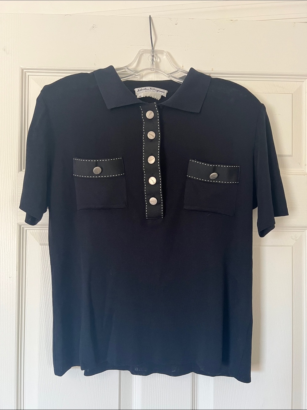Salvatore Ferragamo Black Short-Sleeve Polo Top with Silver Buttons